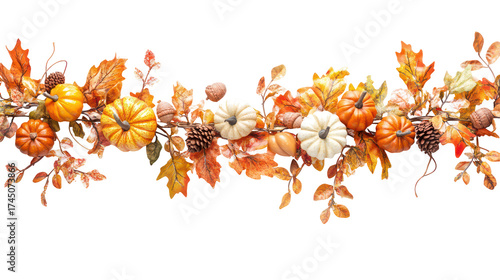 Fototapeta Naklejka Na Ścianę i Meble -  Autumn harvest garland with pumpkins and fall leaves isolated on transparent background