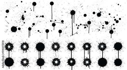 Ink splatter, black burst, abstract texture, grunge element, drip effect, vector set, messy splash, isolated design, explosion mark, graphic art