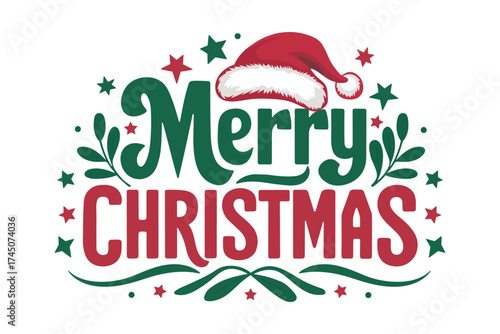 merry christmas greeting with green red text santa hat leaves stars and dots on white festive background