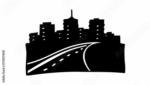 Dynamic cityscape silhouette with winding road leading to modern urban skyline, symbolizing progress and opportunity