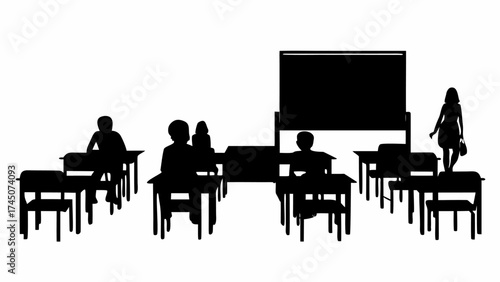 Students learning in classroom with teacher presenting at whiteboard, modern education concept