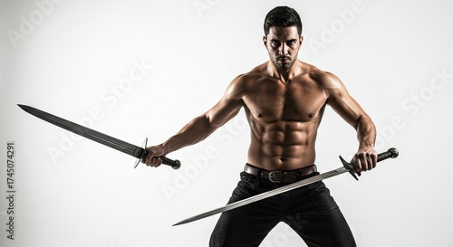 A shirtless man with dark hair holds two swords against a white backdrop flexing his abs