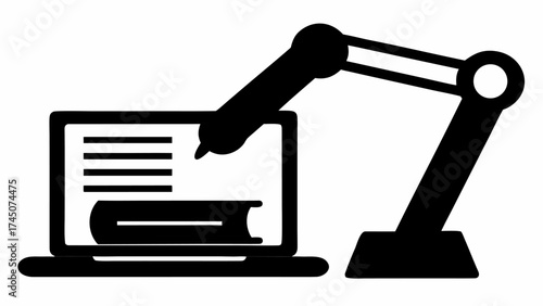 Automated education process with robotic arm interacting with laptop and book for digital learning