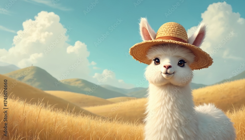 Fototapeta premium Cute white llama wears straw hat in bright sunny field. Funny animal portrait on farm with golden hills, blue sky background. Fluffy mammal looks directly at camera, smiling. Sweet alpaca cartoon