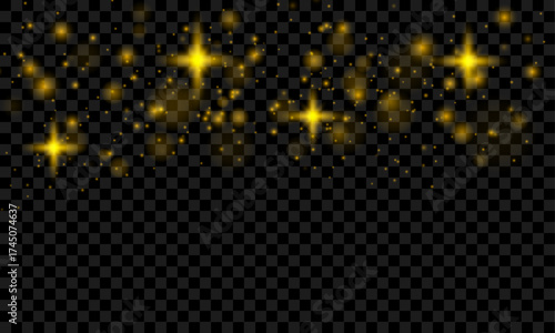 Twinkling golden dust particles and small stars float gently on a vector transparent background. The effect is elegant and festive with a magical shimmer. Ideal for Christmas or fantasy themes.