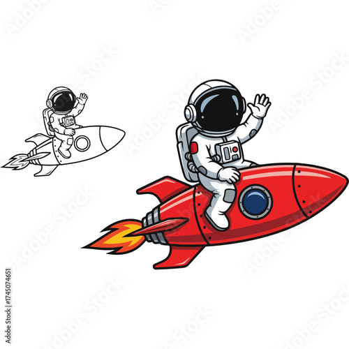 Astronaut waving from rocket ship soaring through space.