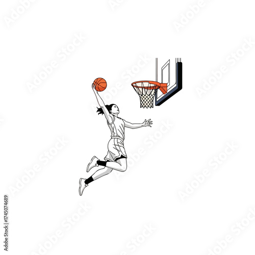 Basketball player soaring through the air about to dunk the ball.
