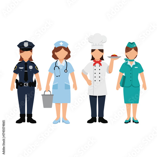 Diverse professions - Police officer, nurse, chef, and flight attendant.
