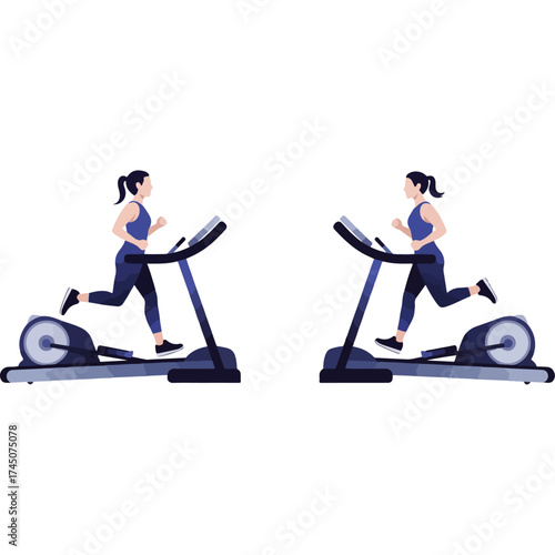 Two women running on treadmills during fitness workout.