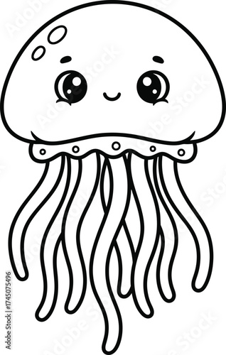 Adorable jellyfish cartoon kids coloring page illustration, simple black and white vector drawing for printable educational art.