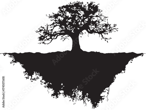 Tree with Root Cavern Silhouette Stunning 2D Vector Line Illustration