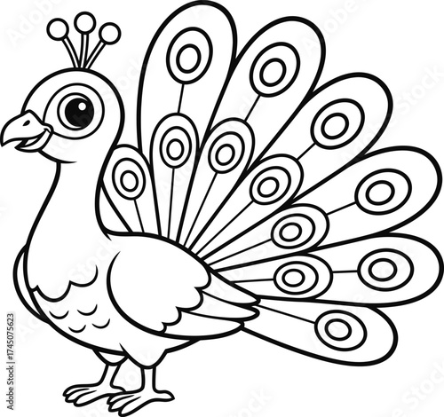 Cute peacock kids coloring page illustration, simple black and white vector line art for children�s learning and printable worksheets.