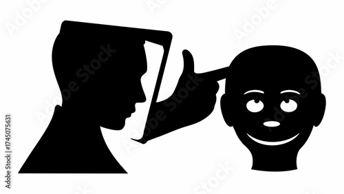 Mind control concept with silhouette pointing at happy head, influence and manipulation metaphor