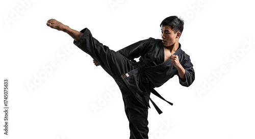An Asian man in a black karate uniform performing a high kick against a white background