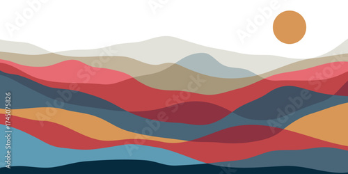 Mountain colors, translucent waves, sunset, abstract glass shapes, modern background, design vector illustration
