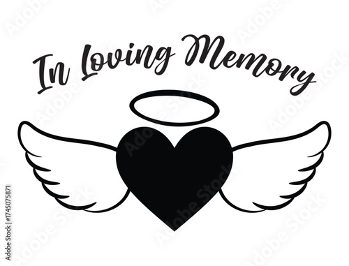 In Loving Memory funeral template, Angel wings with heart, In memory of, Rest in peace, In memory, Memorial template, RIP, Funeral vector sign