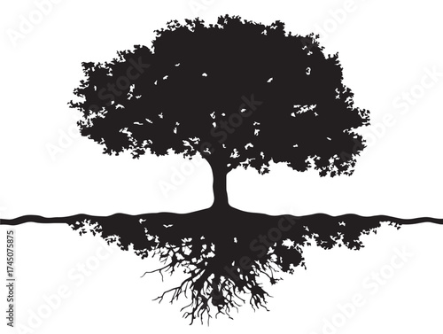 Tree with Root Cavern Silhouette Artistic Black Vector Line Drawing