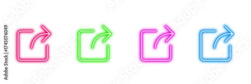 Neon glowing share icon vector set, export, external link, arrow, square, digital, ui, web, app, social media, vibrant colorful bright modern design on transparent background. 