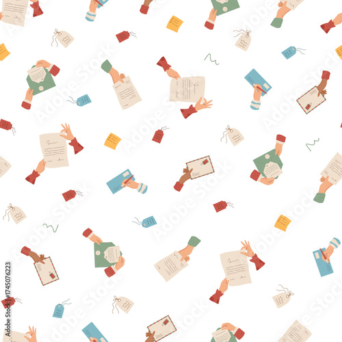 Mail seamless pattern with letter, card, envelope, paper, note, hand, message, flat background. Seamless mail letter illustration with hand hold envelope and card, background paper, message in flat