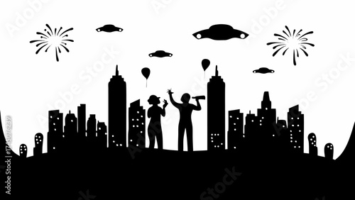 Excited couple celebrates futuristic city night with fireworks and flying saucers above skyscrapers