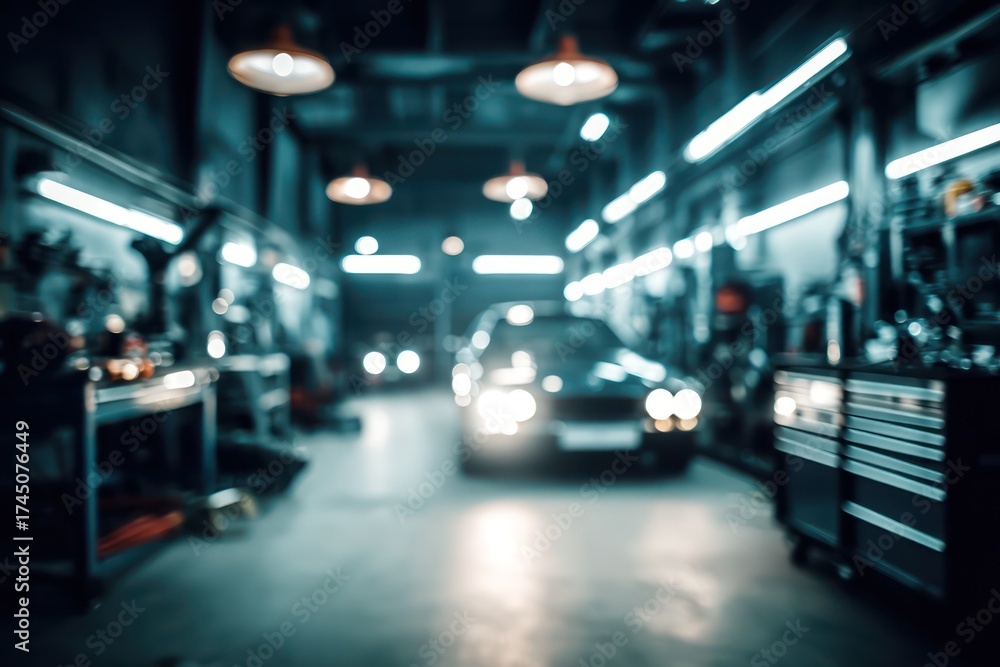 Fototapeta premium Blurred car repair station background with soft light
