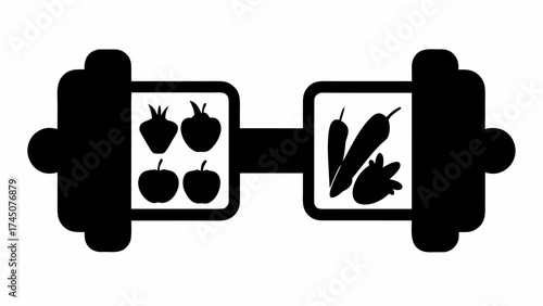 Powerful dumbbell design integrates fresh fruits and vegetables symbolizing healthy lifestyle and nutrition