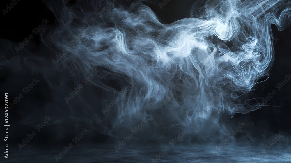 Obraz premium Mystical mist. Swirling smoke in dark and light symphony. Fluid fantasia. Abstract dance of fog and light on floor with black background