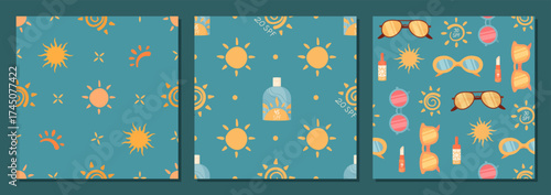 Flat seamless pattern with rounded sunscreen bottle and sun shapes, spf logo and sunglasses. Lotion, spray stick tube set for summer care, perfect product background in cartoon flat style.