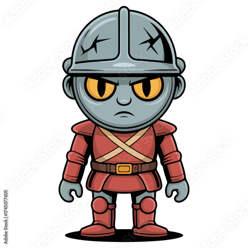 A cartoon warrior stands ready, wearing armor and helmet with a determined expression. The warrior looks serious and prepared for battle