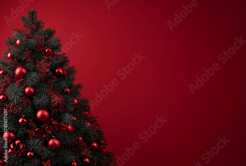 christmas tree with red ornaments on the left side of the frame, against a red background