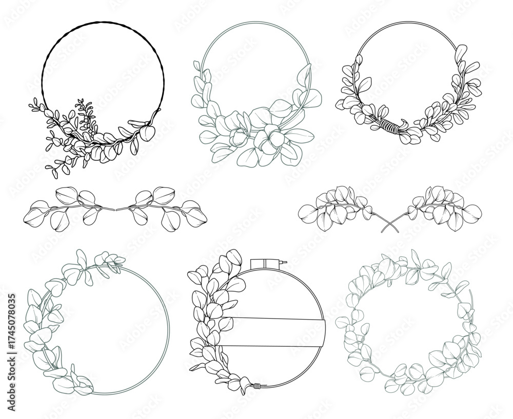 Fototapeta premium Collection of Eucalyptus wreaths and frames, hand drawn botanical line drawing, vector floral line art illustration for wedding, logo, advertising, packaging