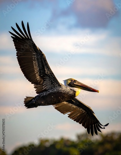 Pelican Soaring Against the Evening Sky