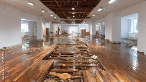 Damaged office interior with broken wooden floor and water from a flood