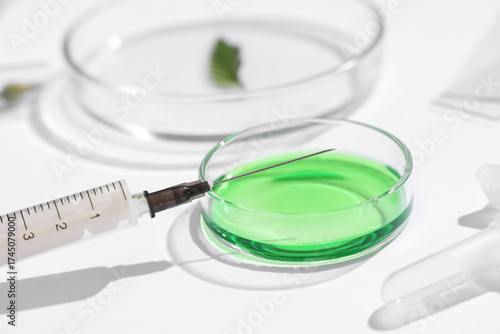 Petri dish with green liquid and syringe on white background