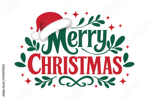 merry christmas greeting with green red text santa hat leaves and stars on white festive background