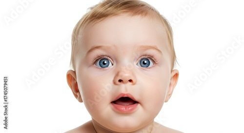Frontal portrait of a baby with blue eyes surprised expression fair skin against a plain white background