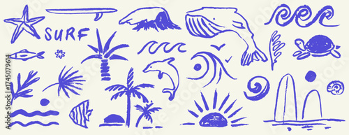 Hand drawn doodle beach and surf vector illustrations set. Tropical coastal season element like palm trees, waves, surfboards, whale, dolphin and sun perfect for exotic holiday or summer design print