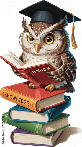 Cartoon owl reading book, graduation cap glasses, wisdom symbol, perched on books, education theme, learning concept, school mascot, stock illustration