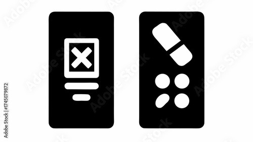 Medical icons show pills and a checkmark symbol representing healthcare and wellness choices