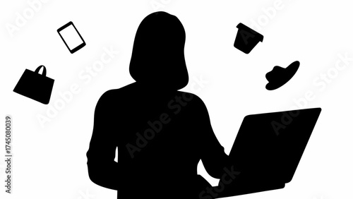 Silhouette of person with laptop surrounded by flying shopping items and devices, multitasking success