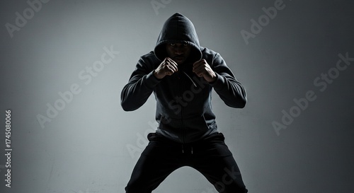 Hooded figure in a fighting stance clenched fists against a gradient gray background