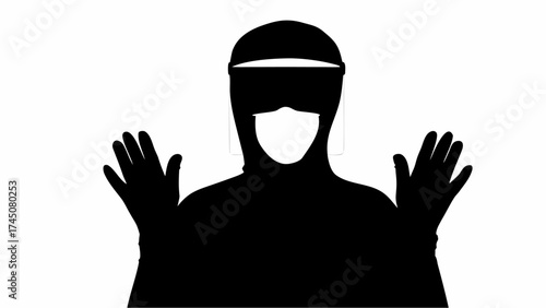 Person wearing protective face shield and mask with hands raised in caution or stop gesture