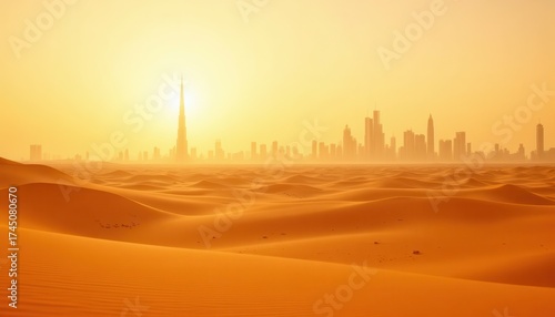 Desert Sunset Over Distant Cityscape