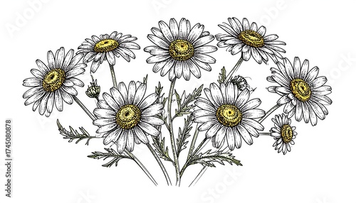 Pen and ink daisies with yellow centers and green foliage
