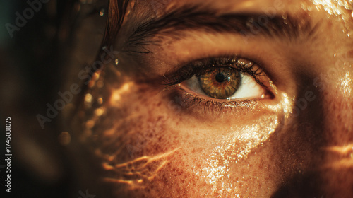 close-up female face under water sunlight reflection, golden tones, natural skin texture, warm minimal background, cinematic macro portrait