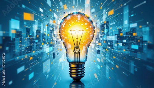Illuminated Lightbulb with Digital Cityscape Overlay