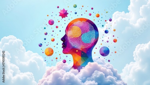 Abstract Colorful Brain with Dreamy Sky Background