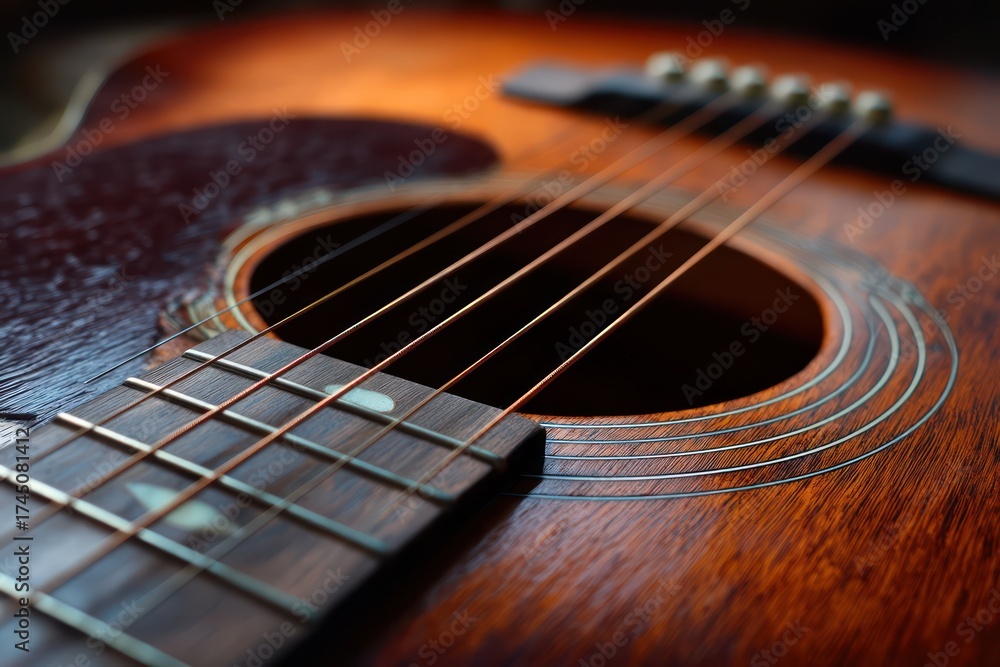 Obraz premium Close-up of Acoustic Guitar Soundhole and Strings Detail