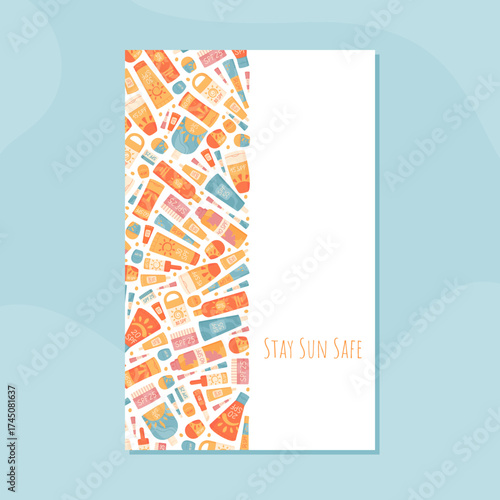 Cartoon style sunscreen bottle and cream shape banner design. Sunscreen tube and spray with sunblock spf concept for lotion, summer care sun protection product promotion.