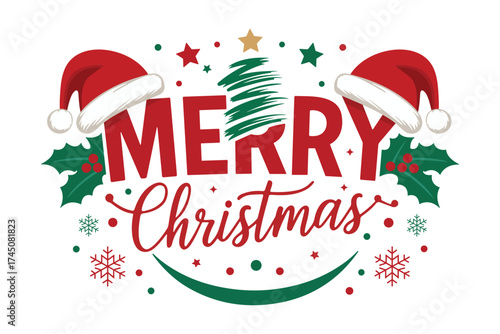 merry christmas greeting with santa hats holly tree and snowflakes in festive red green holiday design